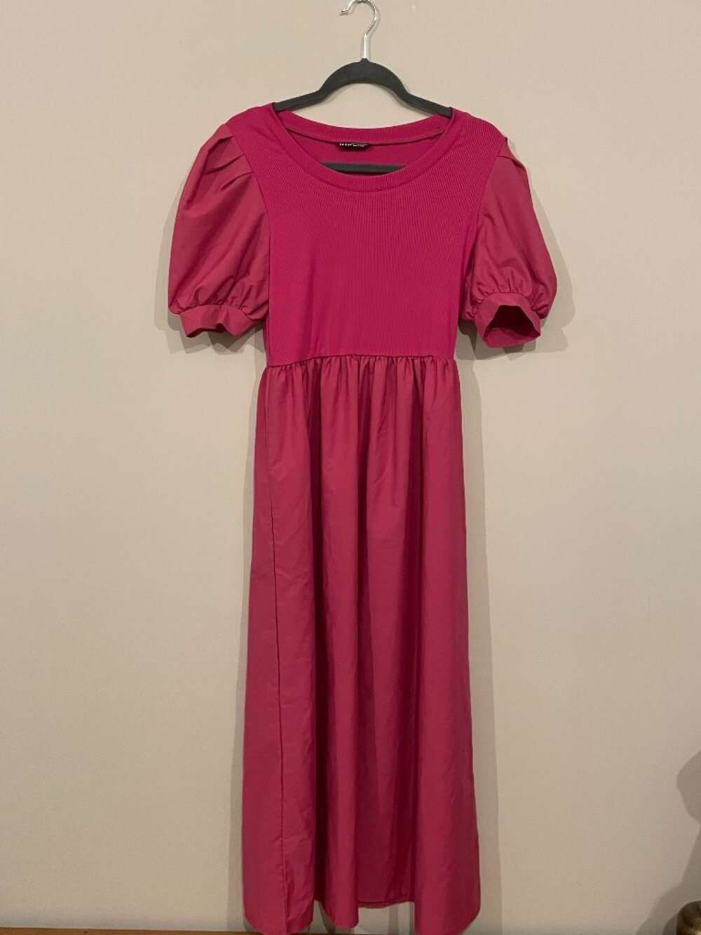 SHEIN Fuchsia Pink Mixed-Media Puff-Sleeve Maxi Dress Women’s L 8/10